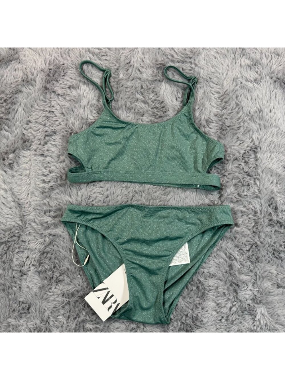 Zara Swimsuit Girls 12 Green Polyamide Bikini Set Beach Glitter Cut-Out Stretch